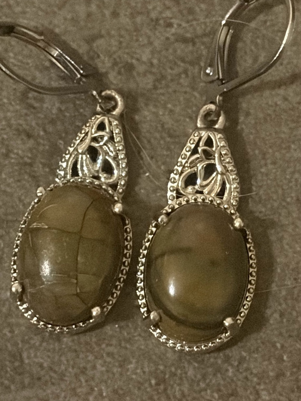 Sterling-Inspired Olive Green Oval Drop Earrings with Filigree AccentsSet